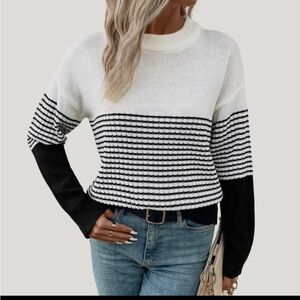 Casual Black and White Striped Sweater. Size Large